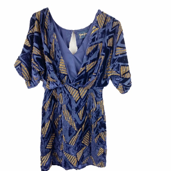 YUMI KIM Blue Gold Velvet Silk Dress Small - Picture 3 of 9